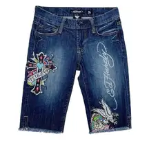 Ed Hardy  Christian Audigier Y2K Rhinestone Embellished Graphic Denim Shorts 26