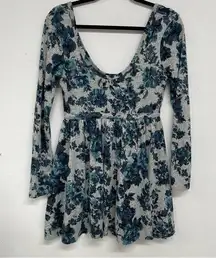 Brandy Melville Basil Lola Blue Floral Deep Scoop Neck Fit & Flare Mini Dress M