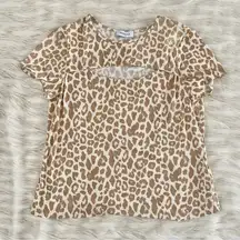 Gilli Cream Tan Brown Leopard Cheetah Cut Out Ribbed Short Sleeve Top Sz S