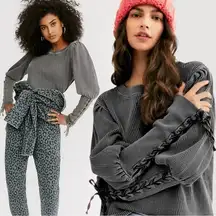 Free People FP One Tasha Thermal Top Washed Black Grey Small Grunge Bohemian