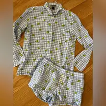 - J crew gingham lime cotton pajama set long sleeve top and short size XXS