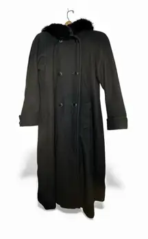 Vintage 90s DONNYBROOK Womens Full Length Wool Hooded Coat Rabbit Fur Trim Hood