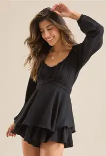 Altar’d State Lola Black Scoop Neck Long Sleeve Belted Tie Tiered Romper XL New