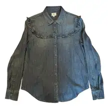 AG Adriano Goldschmied Women's Medium Denim Tencel Shirt Ruffle Snap Western