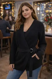 NWT Missguided Black D-Ring Belted Wrap Front Knit Cardigan Size Medium