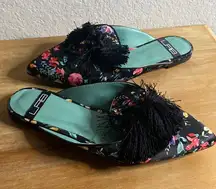 Anthropologie Boho LAB black Floral Tassel Slides Mules size 37 US 6