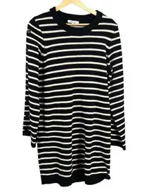 Madewell Sweater Dress Black Striped Button Sleeve Pullover Merino Wool Large