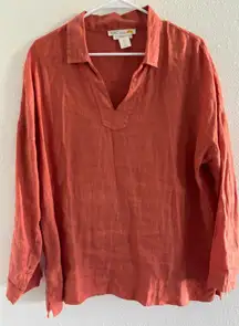 C & C California Top Womens Large Orange Linen Collared Beach Coastal‎ Preppy