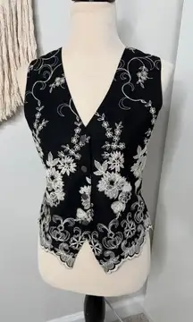 Women's Vintage Black White Satin Embroidered Button-front vest Medium Holiday