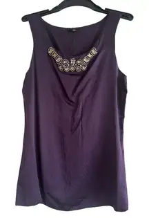 Ann Taylor Deep Plum 100% Silk Sleeveless Rhinestone Embellished Tank Top