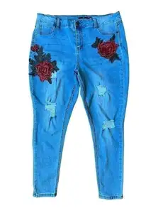 ONE 5 One Distressed Denim Jeans Floral Applique, Size 16