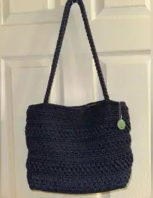 Lina Boho Navy Blue Crochet Woven Lined Shoulder Bag Purse Multiple Compartments