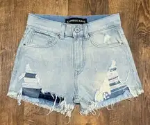 Express High Rise Patchwork Denim Jean Shorts Sz 00 Light Wash