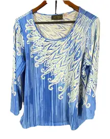 Bob Mackie‎ Women Top Large Blue Artsy  Boho Statement Bold Floral Print Modal