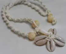 Vintage Island Cowrie/Nassa Shell Flower Etched Beads Braided Hemp 15" Necklace