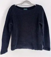 Lauren Ralph Lauren Chunky Knit Sweater Women Medium Blue Cotton Nautical Preppy