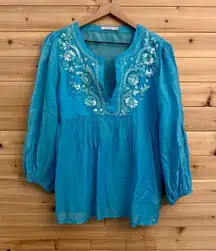 Calypso Christine Celle Size XSmall Cotton Silk Blend Boho Embroidered Blouse