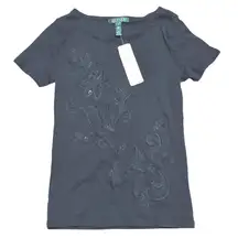 LRL Ralph Lauren Black Embellished Floral Sequin T Shirt Top Womens S Small NEW