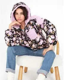 For Love and Lemons floral sherpa‎ puffer hooded jacket