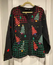 Rebecca Malone Size 1X Cotton Ramie Embellished Vintage Christmas Tree Cardigan