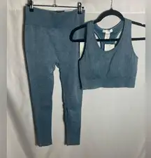 Active Domino Fashion Seamless Ribbed Sports Bra & Leggings Set Blue L