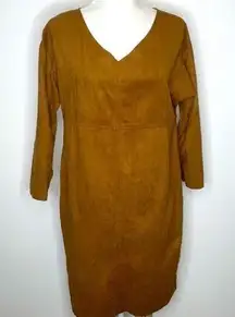 Vintage 70s Louben Faux Suede Sheath Dress Camel Brown V-neck 3/4 Sleeve size 8