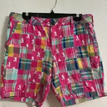 Mickey Mouse Disney World Shorts Women L Pink Madras Patchwork Plaid 34 x 7.5”