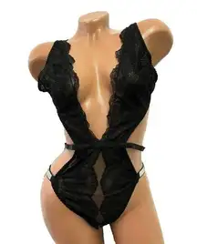 Victoria's Secret Sexy Black Lace Rhinestone Teddy Bodysuit Shine Strap Logo