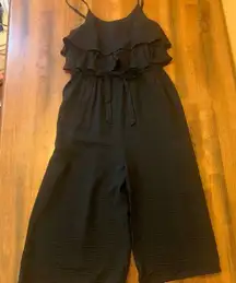 Hem & thread jumpsuit Large Black Cropped Ruffle top Elastic Waist with Tie