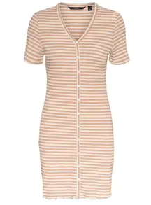 VERO MODA White Stripe Pattern Button Down V Neck Short Sleeve Dress Large