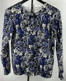 Christopher & Banks Paisley Rose Print‎ Cardigan Sweater Blue Small 100% Cotton