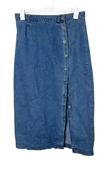 VAN HEUSEN Women Denim Maxi Skirt Button Front Slit Blue Cotton Size 14