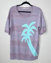 Soft‎ Surroundings Palm Tree Short Sleeve Medium Tunic Sweater Purple Blue Wash