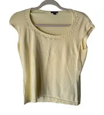 Ann Taylor Womens Sweater Top Beaded Neck Butter Yellow M Dainty Cottage Fairy