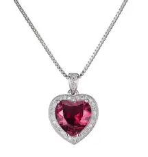 18K White Gold Plated Diamond Red Gemstone Ruby Love Heart Pendant Necklace for Women