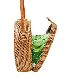 Handmade Beachy Boho Rattan Rotin Natural Woven Wicker Circular Crossbody Shoulder Bag