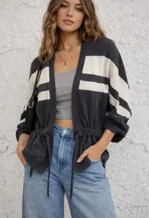 Open Front Knit Cardigan M | Waist Tie Neutral Stripe