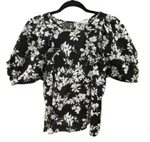THML Floral Puff Sleeve Cotton Blouse Black White Boho Chic Top Size M