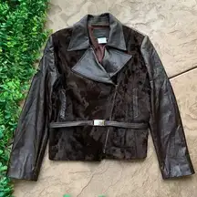 Vertigo Paris Faux Leather Fur Belted Zip Moto Jacket Black Brown Size Large