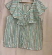 French Laundry Green Blue Ruffled Bib Collar Blouse