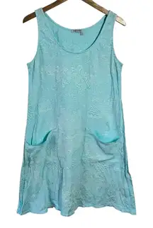 Fresh Produce Drape Tank Dress Women L Blue Cotton Jersey Coastal Beach USA
