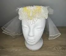 Vintage Wedding Veil Hat White ‎ Cream Faux Pearl Lace Double Veil Beaded