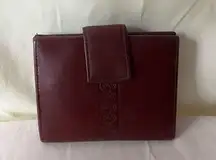 Vintage 90s Tooled Leather Wallet with Attached Coin Purse Burgundy Red Brown