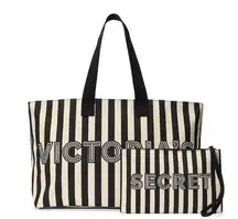 Victoria's Secret Stripe Tote Bag & Matching Wristlet Pouch Set
