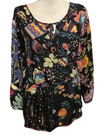 Sacred Threads Size M Blouse Top Fish Floral Print Artsy Art To Wear TINY FLAW