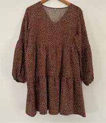 🦋 Brown White Polka Dot Ruffle Long Sleeve Baloon Sleeve Mini Dress Fall XL