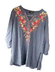 Andree by Unit Boho Floral Embroidered Peasant Blouse‎ in Blue/Gray Size Large