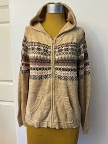 Tiara International Hooded Sweater Jacket Large Brown Fair Isle Full Zip Winter