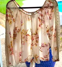 AMERICAN RAG CIE Semi Sheer Floral Chiffon Tie-Front Keyhole Lace Sleeve Blouse