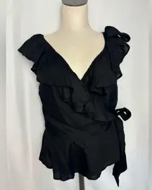 Elegant Black Ruffle Wrap Top boho trendy style with side tie small NWT